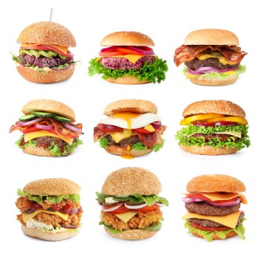 Farklı lezzetli hamburgerler. Beyazlar üzerinde izole edilmiş.
