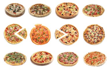 Farklı lezzetli pizzalar. Beyaz, koleksiyon.