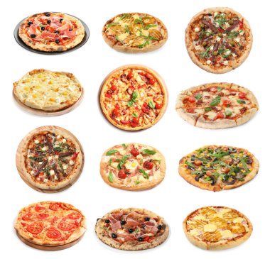 Farklı lezzetli pizzalar. Beyaz, koleksiyon.