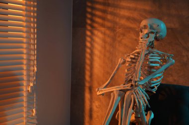 Bekleme konsepti Kapalı bir koltukta oturan insan iskeleti, metin için boşluk