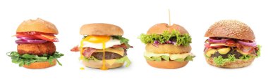 Farklı lezzetli hamburgerler. Beyazlar üzerinde izole edilmiş.