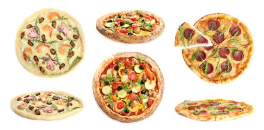 Farklı lezzetli pizzalar. Beyaz, koleksiyon.