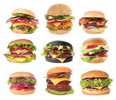 Farklı lezzetli hamburgerler. Beyazlar üzerinde izole edilmiş.