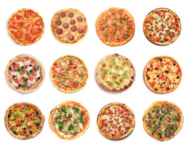 Farklı lezzetli pizzalar. Beyaz, koleksiyon.