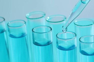 Bulanık arka planda pipetten test tüpüne sıvı damlatılıyor. Yakın plan. Laboratuvar analizi