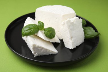 Taze ricotta (krem peynir) ve fesleğen yeşil masada, yakın plan.