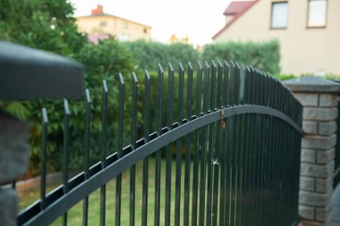 Iron railing of beautiful fence outdoors, closeup