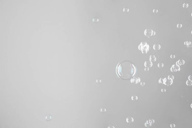 Gri arkaplanda güzel şeffaf sabun köpükleri, metin için boşluk