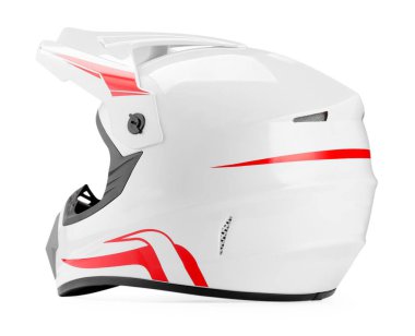 Yeni modern motosiklet kaskı beyaz üzerine izole edildi