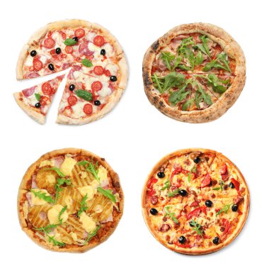 Farklı lezzetli pizzalar. Beyaz, koleksiyon.
