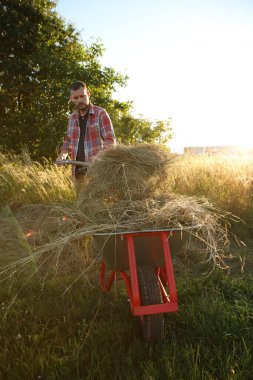 # Çiftçi el arabası ile çalışıyor # # Dışarıda biçilmiş çimlerle dolu #
