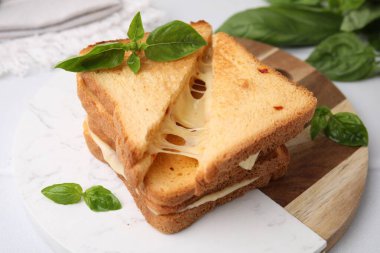 Eritilmiş peynir ve fesleğenli tost ekmeği, yakın plan.