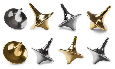 Beyazlar üzerinde izole edilmiş birçok farklı dönen üst, set