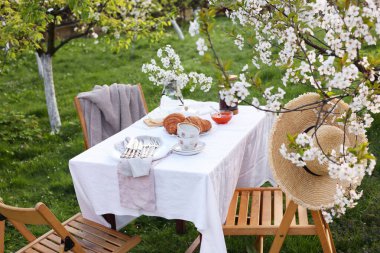 Güzel bahar çiçekleri, çay ve kruvasan bahçeli şık bir masa.