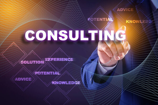 Empresario Tocando Palabra Consultoría Pantalla Virtual Primer Plano — Foto de Stock