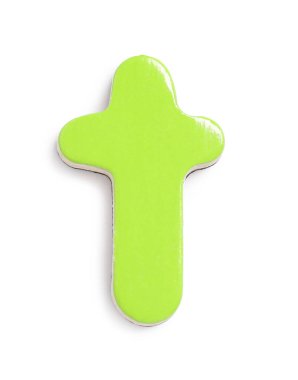 Yeşil manyetik harf T beyaz üzerinde izole, üst görünüm. Alfabe