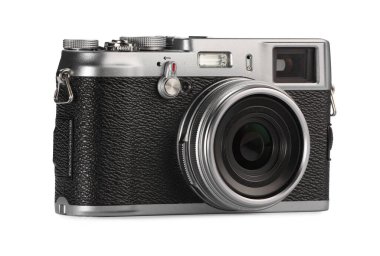 Beyazda izole edilmiş klasik kamera. Fotoğraf ekipmanı.