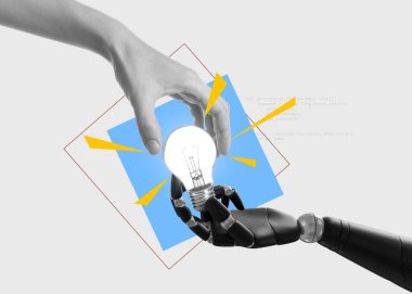 Beyaz arka planda robot eliyle tutulan ampullere dokunan bilgisayar kodlu, yaratıcı sanat kolajlı bir kadın. Fikir ve yapay zeka hakkındaki kavramsal poster