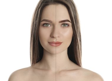 Kalıcı makyaj prosedüründen önce ve sonra güzel bir kadının fotoğraflarıyla kolaj, yakın plan.