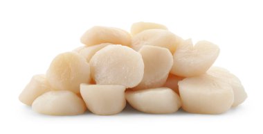 Beyaz üzerine izole edilmiş taze çiğ deniz tarağı yığını.