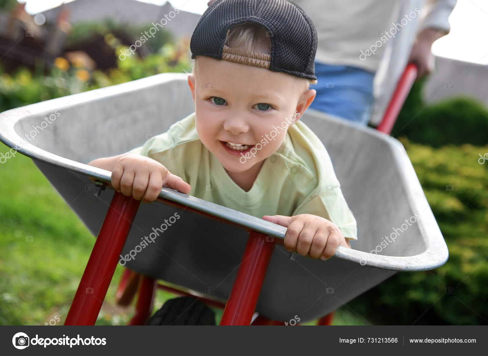 Father Pushing Wheelbarrow His Son Outdoors Closeup — Stock Photo ...