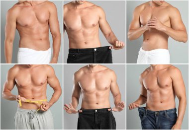 Açık gri arka planda kaslı kaslı bir adam, yakın plan. Fotoğraf Kolajı