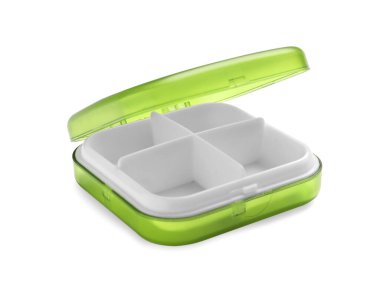 Bir tane boş hap organizatörü beyaza izole edilmiş.