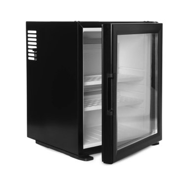Boş modern mini buzdolabı beyaza izole edilmiş.