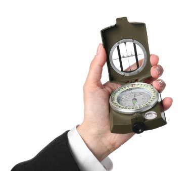 Woman holding compass on white background, closeup