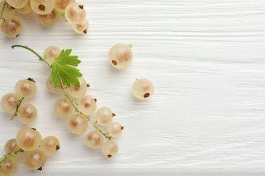 Taze üzümlü üzümler ve beyaz ahşap masa üzerinde yeşil yaprak, üst manzara. Metin için boşluk
