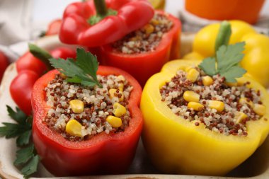 Quinoa dolma dolma dolma biber ve maydanoz fırın tabağında, yakın plan.