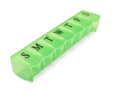 Bir tane boş hap organizatörü beyaza izole edilmiş.