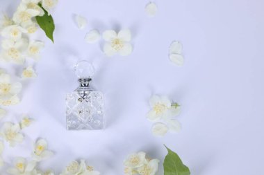 Aromatik parfüm şişede ve yasemin çiçekleri beyaz arka planda, düz yerde. Metin için boşluk