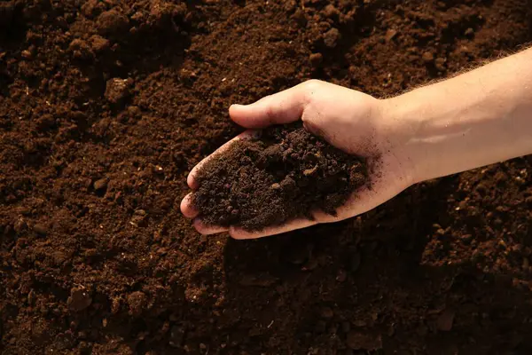 Dışarıdaki toprak yığınını tutan adam, üst manzara. Metin için boşluk