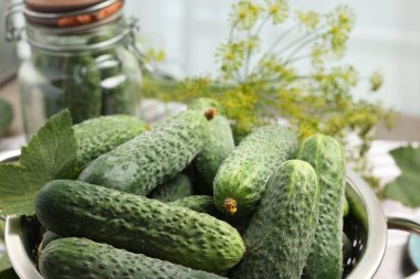Masada taze yeşil salatalıklar var, yakın plan. Sebze turşusu