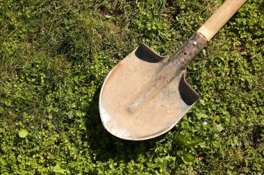 Yeşil çimlerin üzerinde paslı bir kürek, üst manzara. Bahçe sezonu