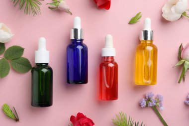 Aromaterapi. Pembe arka planda farklı temel yağlar, çiçekler ve köknar dalları, düzlük