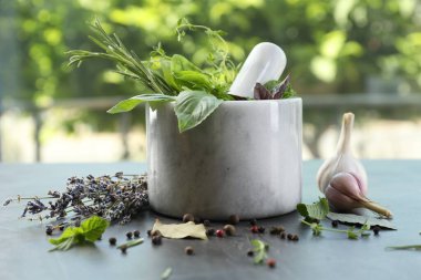 Değişik aromatik otlar, gri masa üzerinde kabuklu havan ve baharatlar.