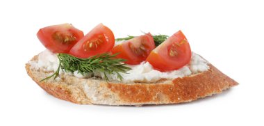 Lezzetli bruschetta taze ricotta (krem peynir), domates ve dereotu beyaza izole edilmiş.