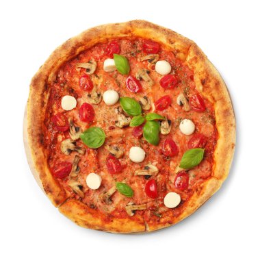 Fesleğenli, mantarlı, mozarellalı ve domatesli leziz pizza.