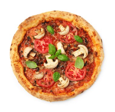 Fesleğenli, mantarlı ve domatesli leziz pizza.
