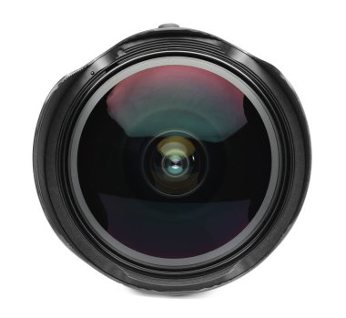 Kamera merceği beyaza izole edildi. Fotoğraf ekipmanı.