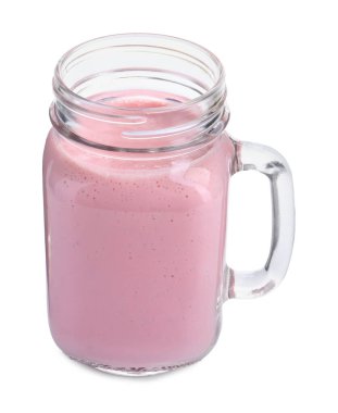 Mason kavanozundaki lezzetli yoğurt beyaza izole edilmiş.