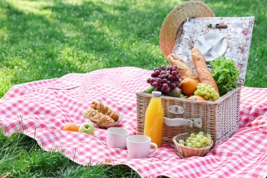 Dışarıdaki kareli battaniyenin üzerinde lezzetli yiyecek, içecek ve sofra takımı olan piknik sepeti.
