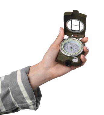 Woman holding compass on white background, closeup