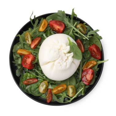 Lezzetli burrata salatası beyaza izole edilmiş, üst manzara