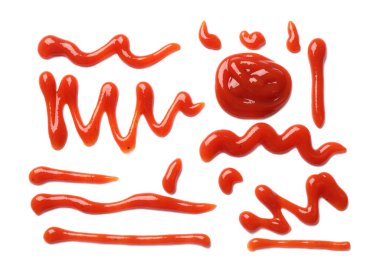 Lezzetli ketçap beyaza izole edilmiş, üst manzara. Domates sosu.