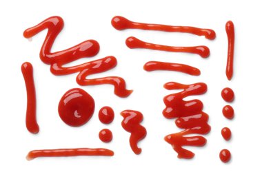 Lezzetli ketçap beyaza izole edilmiş, üst manzara. Domates sosu.