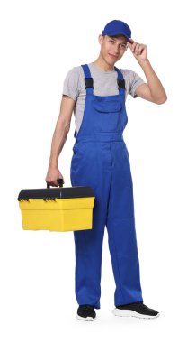 Beyaz arkaplanda araç kutusu olan otomatik tamirci