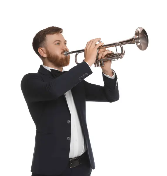 stock image Handsome musician playing trumpet on white background